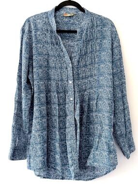 Rock Flower Paper Cotton Boho Tunic Blue Button Front Blouse Spring Coastal Plus